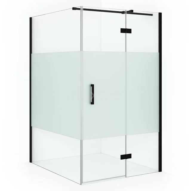 Shower enclosure with frosted glass and black profile accents, modern design for a stylish bathroom.