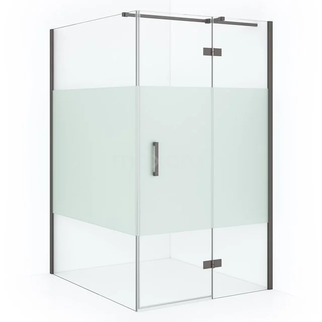 Glass shower enclosure with frosted glass, corner step and metal profiles, ideal for modern bathroom design.
