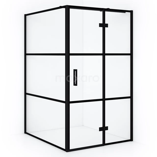 Black industrial shower enclosure with glass and matte black profiles, ideal for modern bathroom design.