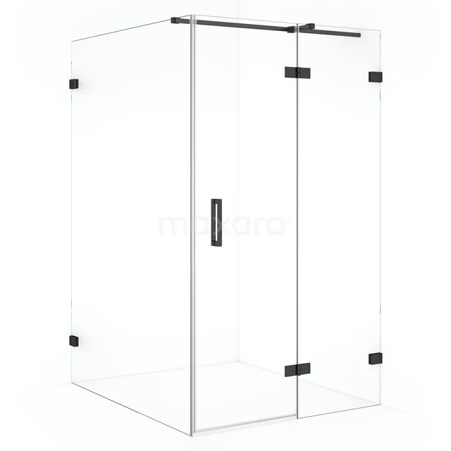 Corner shower cabin made of clear glass with black hinges, modern design and space-saving for a stylish bathroom.