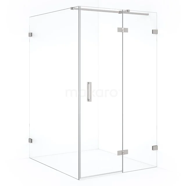 Glass shower enclosure with corner step, clear glass safety glass, stainless steel hinges and sleek modern design.