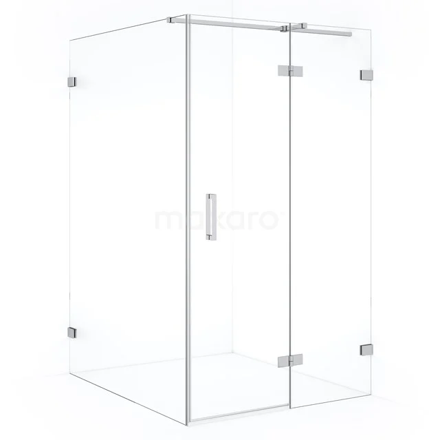 Glass shower enclosure, corner model with stainless steel hinges and minimalist frame, ideal for modern bathrooms.