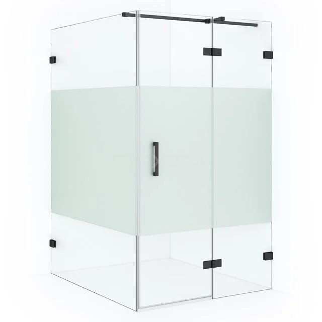 Glass corner shower cabin with frosted glass panel, black hinges and Handle; modern bathroom style.