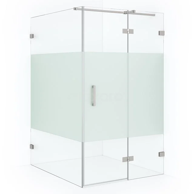 Glass corner shower with frosted glass, chrome hinges and Handle, modern bathroom design.