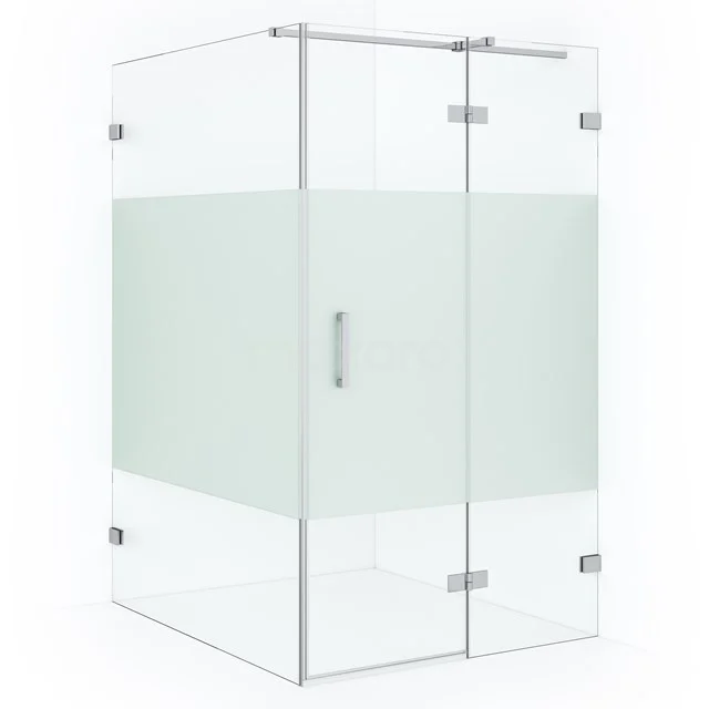 Glass shower enclosure with frosted glass panel, corner unit, chrome fittings and sleek design for a modern bathroom.