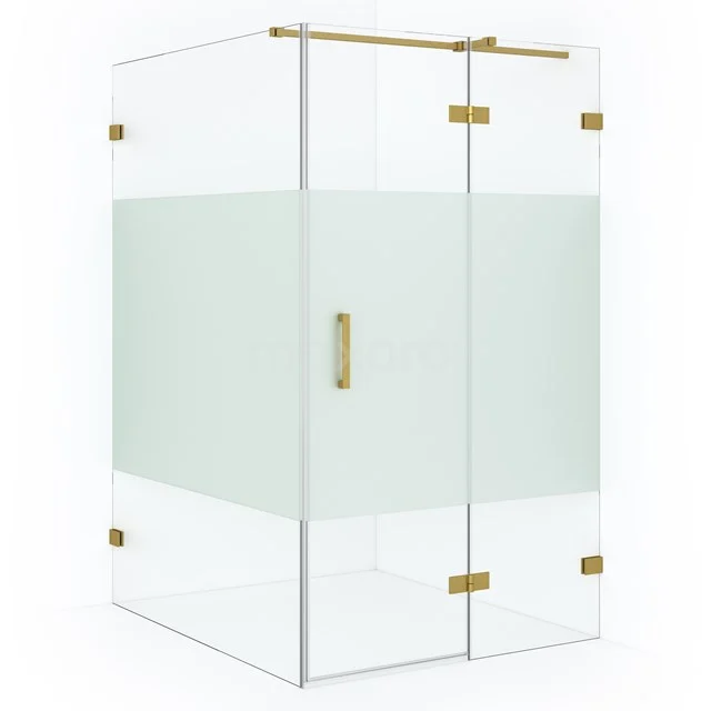 Glass shower enclosure with gold-coloured hinges and handle, frosted glass strip, ideal for a modern bathroom style.