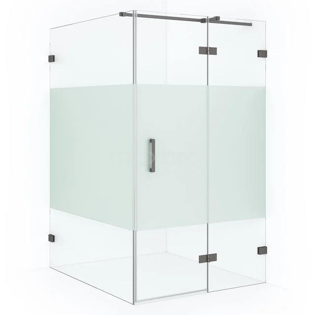 Glas Duschkabine mit matt weißen Streifen, Eckaufstellung, Edelstahl Scharniere und modernem Design für ein stilvolles Badezimmer.