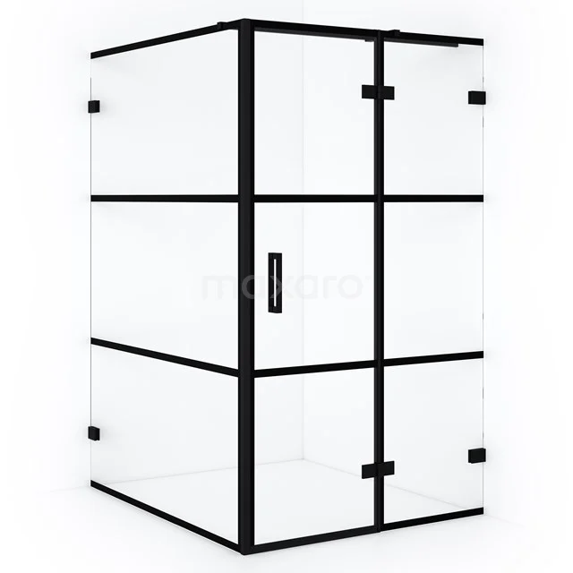 Modern rectangular shower enclosure with black metal frame, clear glass and pivot door, perfect for contemporary bathrooms.