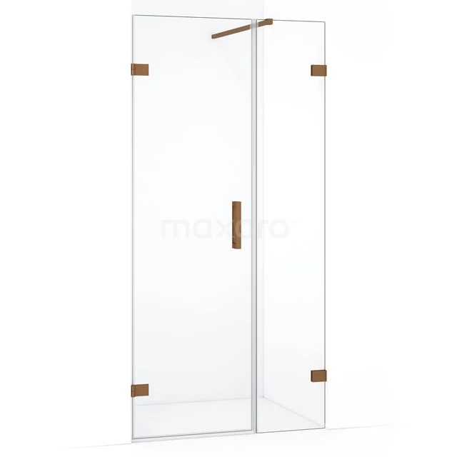 Glasdusch Tür mit goldfarbenen Scharnieren und Haltegriff, schlankes Design, perfekt für eine moderne Badezimmer Einrichtung.