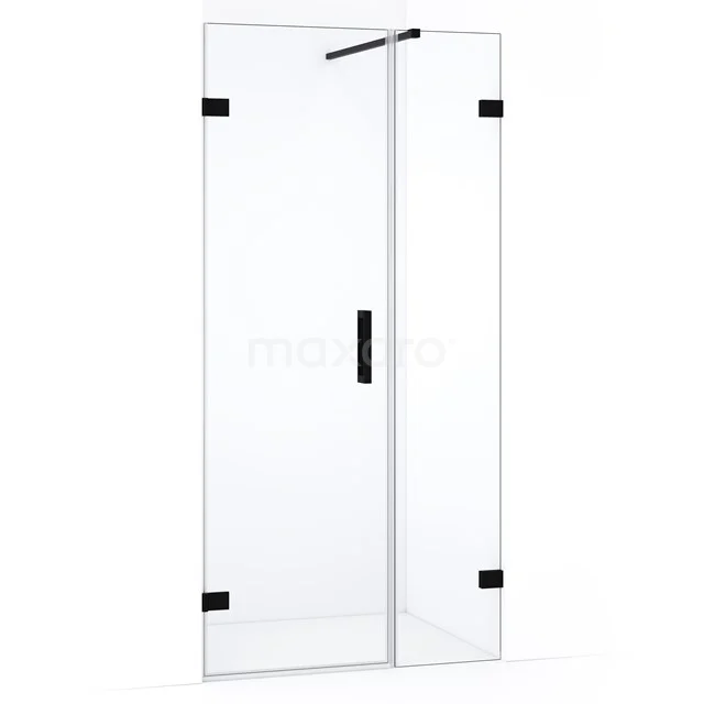 Glasene Duschtür mit mattschwarzen Scharnieren, elegantes Design, ideal für moderne Bäder.