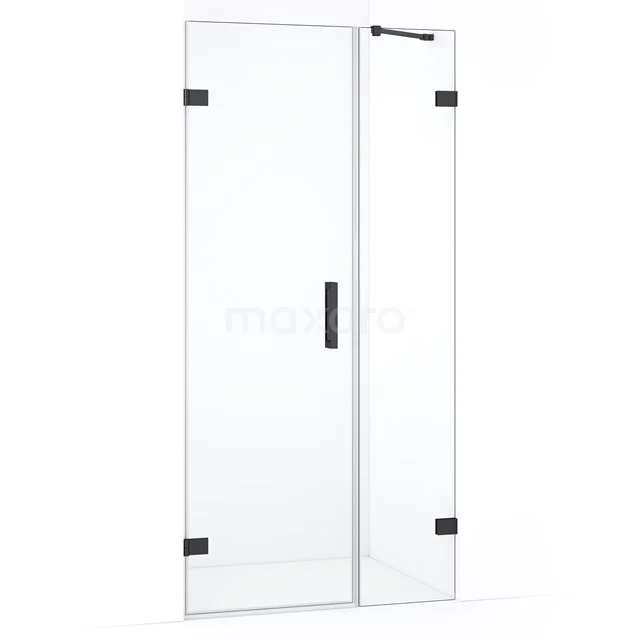 Douchedeur met helder glas, zwarte scharnieren en handgreep, strak design, ideaal voor een moderne badkamerstijl.