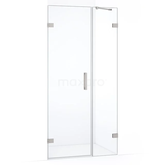 Glazen douchedeur met scharnieren, transparant design, roestvrijstalen handgreep, ideaal voor moderne badkamers.