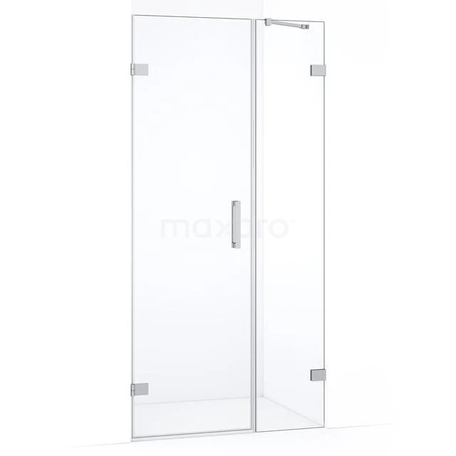 Glazen douchedeur met scharnieren, helder veiligheidsglas, rechte vorm, moderne look, ideaal voor een strakke badkamerstijl.
