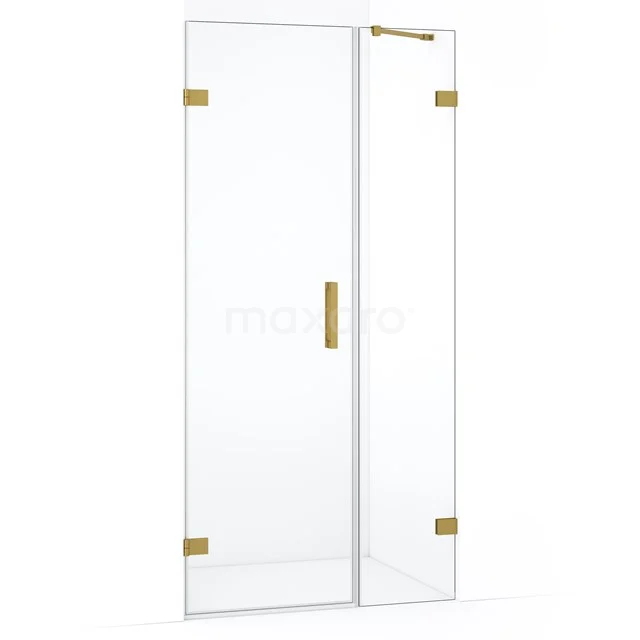 Douchewand met deur, helder glas, goudkleurige scharnieren en handgreep, modern design voor luxe badkamers.
