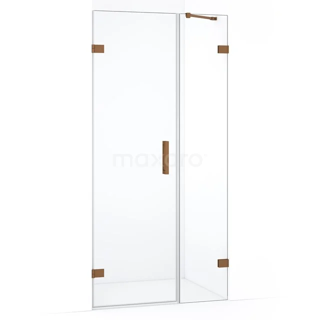 Douchedeur helder glas, messing details, scharnierdeur met zijpaneel. Luxe toevoeging voor elke moderne badkamer.