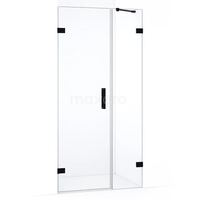 Glazen douchedeur met zwart frame en draaideur, strak design voor moderne badkamers, gemaakt van veiligheidsglas.
