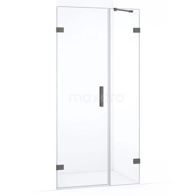Glazen douchedeur met helder veiligheidsglas, metalen scharnieren en strak handvat; ideaal voor een moderne badkamerstijl.