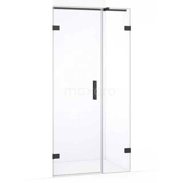 Glazen douchedeur met zwart profiel, draaideurdesign, ruimtebesparend en ideaal voor een moderne badkamer.
