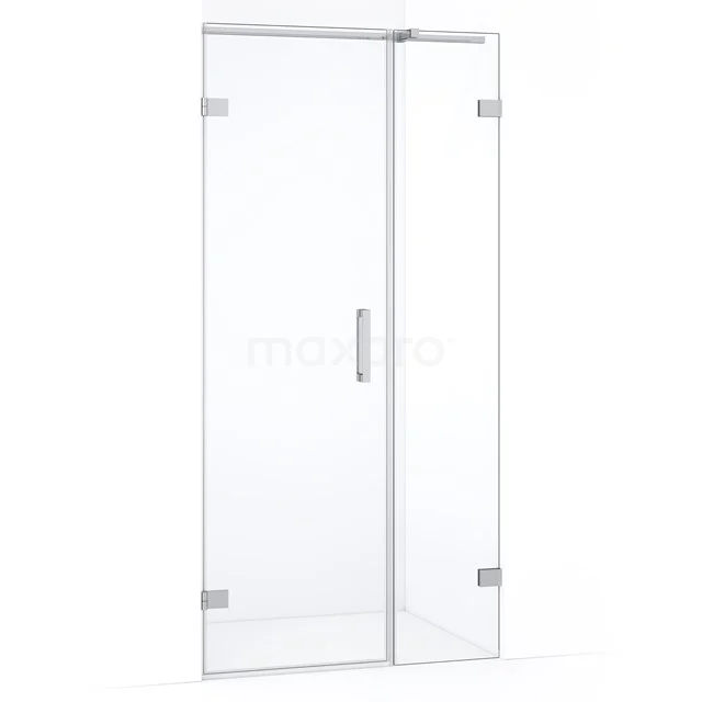 Glazen douchedeur met scharnieren, helder glas, chromen handgreep en strak design, perfect voor een moderne badkamer.