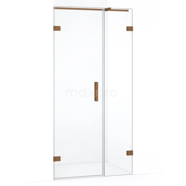 Glazen douchedeur met matte afwerking, gouden scharnieren en handgreep, ideaal voor een moderne badkamerstijl.