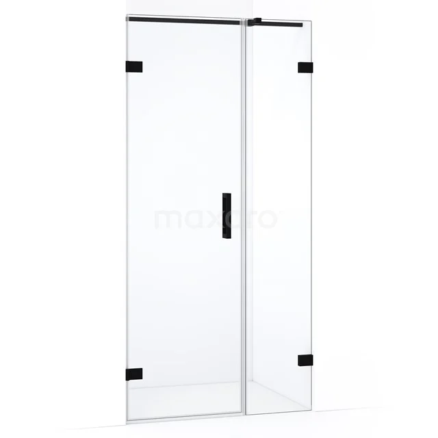 Douchedeur met zwart beslag, helder glas en draaimechanisme, ideaal voor een moderne badkamerstijl.