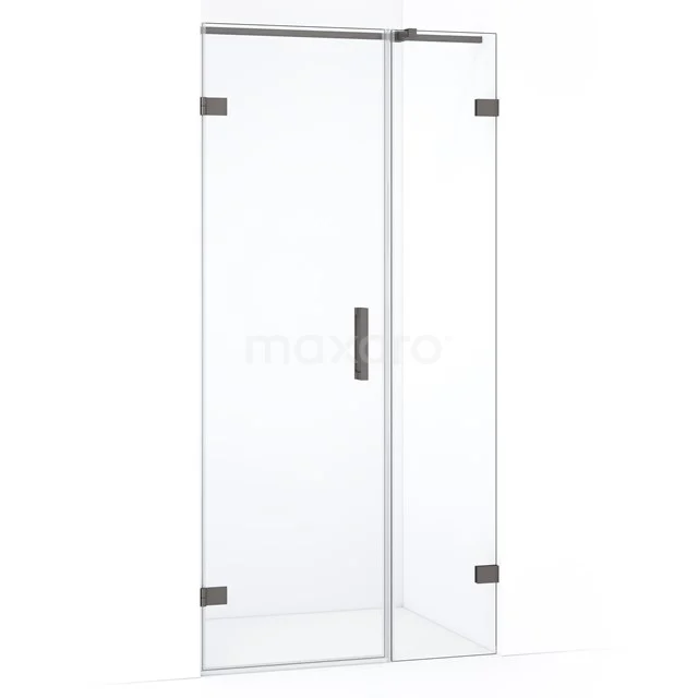 Douchedeur van helder glas met zwarte scharnieren, strak ontwerp, ideaal voor een moderne badkamer.