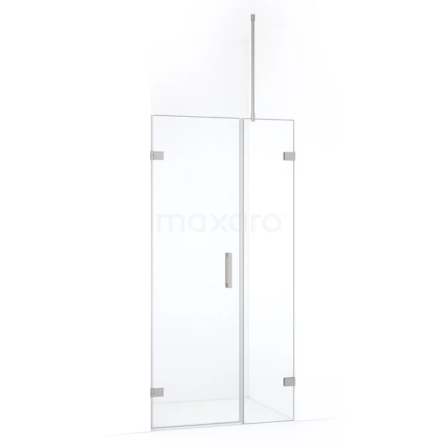 Glazen douchedeur met chromen scharnieren, inclusief moderne handgreep; ideaal voor strakke badkamerdesigns.