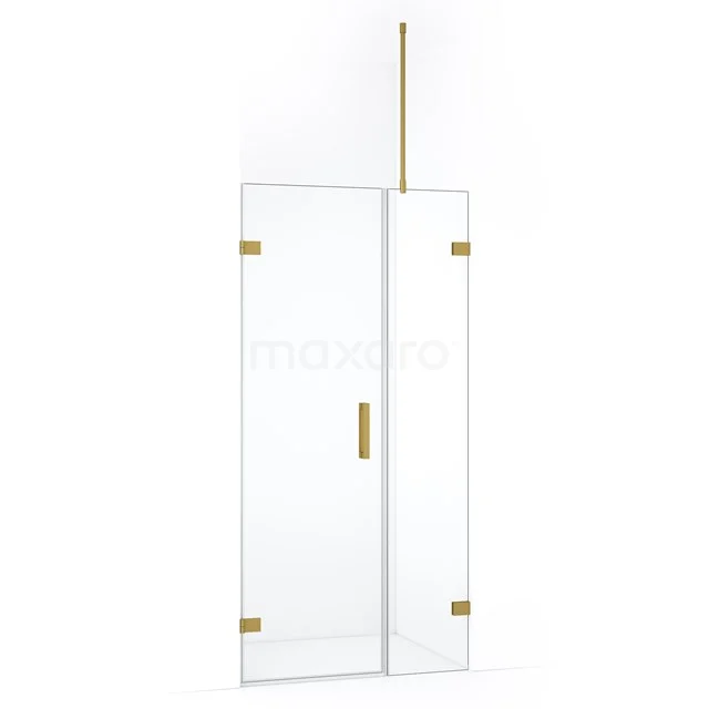 Glazen douchedeur met goudkleurige scharnieren en handgreep, modern design voor luxe badkamers.