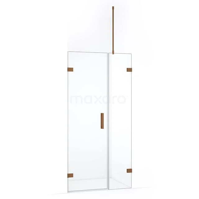 Douchedeur helder glas, messing scharnieren, modern design, perfect voor een stijlvolle badkamer.