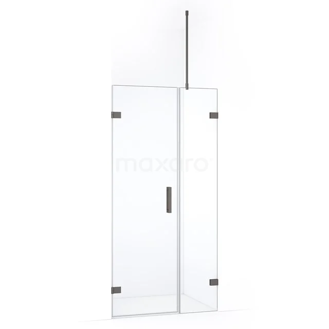Glazen douchedeur met hoekig design, helder glas en metalen handgreep, perfect voor moderne badkamers.