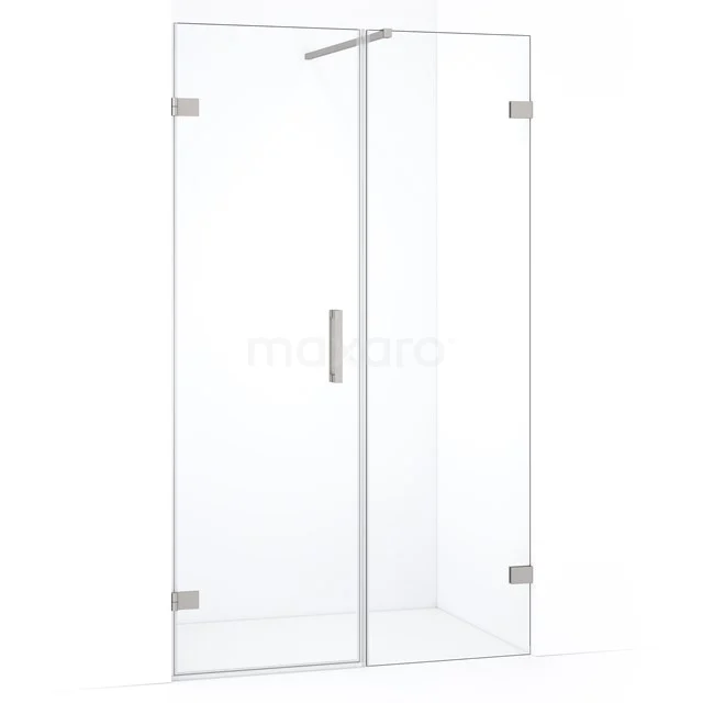 Glazen douchedeur met scharnieren, transparant ontwerp en roestvrijstalen handgreep, ideaal voor een moderne badkamer.