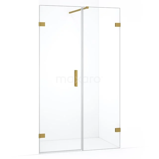 Douchedeur van helder glas met gouden scharnieren en handgreep, geschikt voor luxe badkamerinrichting.