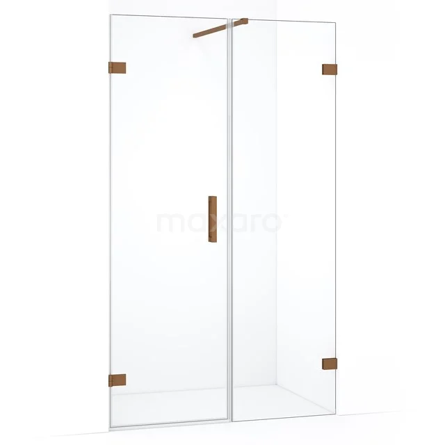 Glasene Duschtür mit Eckform und kupferfarbenen Akzenten, modernes Design, ideal für ein stilvolles Badezimmer.