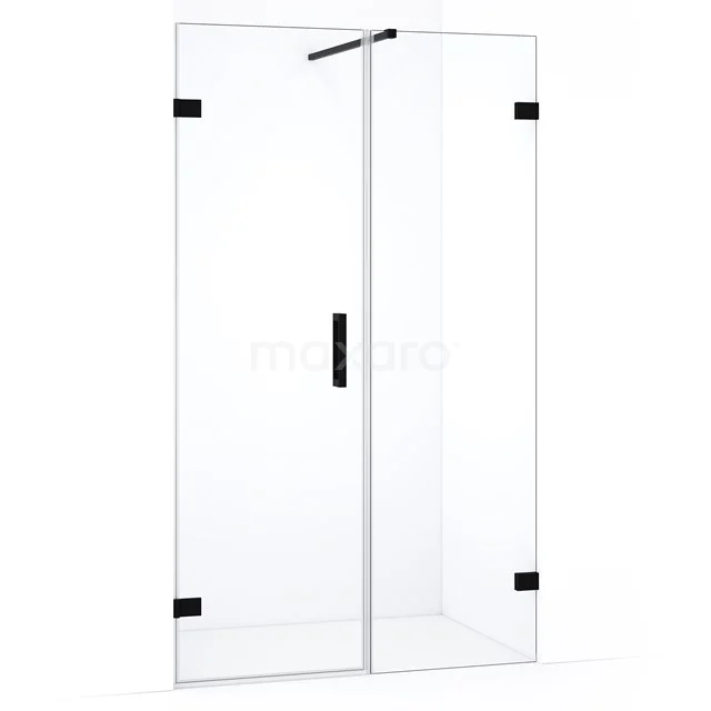 Glazen douchedeur met zwarte accenten, draaideurdesign en strak profiel, perfect voor een moderne badkamer.
