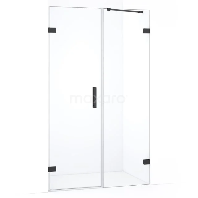 Douchecabine met helder glas, zwarte scharnieren en handgreep, modern ontwerp voor een stijlvolle badkamer.