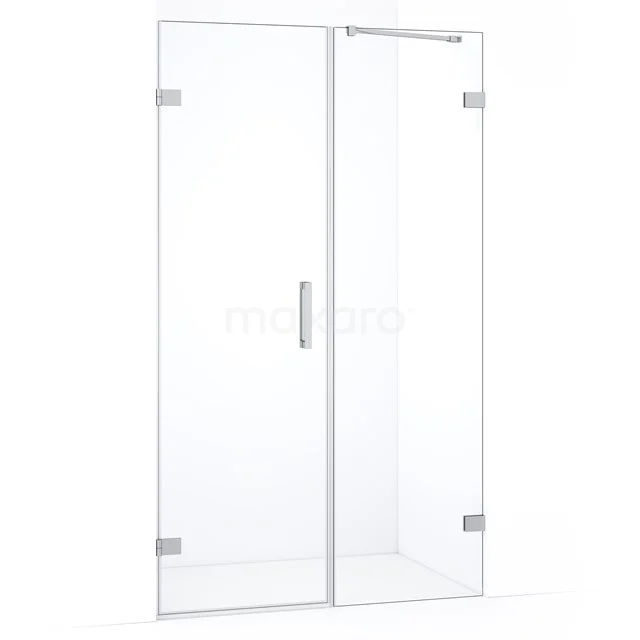Heldere glazen douchedeur met RVS-scharnieren, strak design, ideaal voor een moderne badkamer.