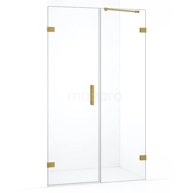 Glazen douchedeur met gouden scharnieren en handgreep, strak design, perfect voor een moderne badkamer.