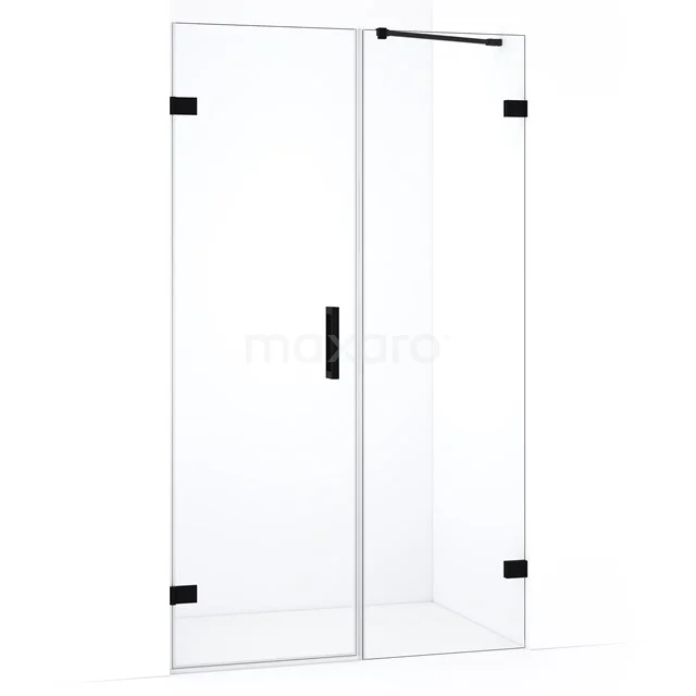 Douchedeur zwart met scharnieren, helderglas, strak design, perfecte aanvulling voor een moderne badkamer.