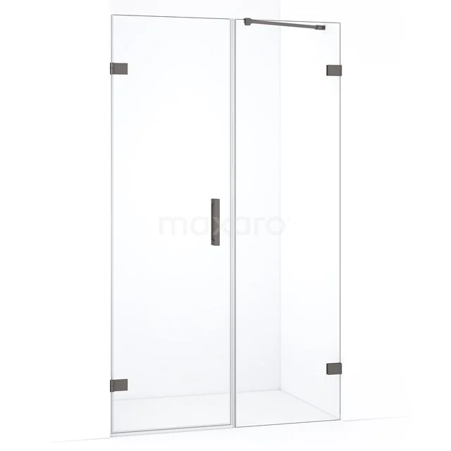 Glazen douchedeur met helder glas, RVS scharnieren en minimalistisch design; ideaal voor een stijlvolle badkamerruimte.