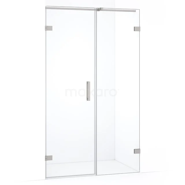 Glazen douchedeur met scharnieren, strak design, chromen details en modern handvat voor een stijlvolle badkamer.