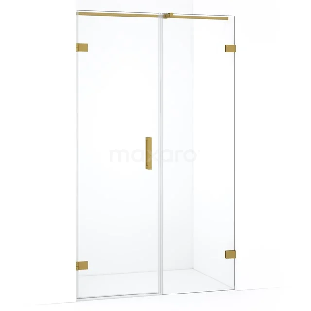 Glazen douchedeur met goudkleurige scharnieren en handgreep, strakke designoptie voor een moderne badkamer.