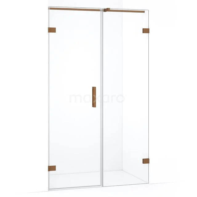 Douchedeur met helder glas, gouden scharnieren en handgreep, elegante toevoeging voor een moderne badkamer.