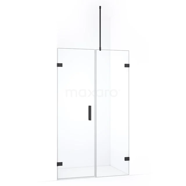 Glazen douchewand met scharnierdeur, helder glas en zwarte accenten, ideaal voor een moderne badkamer inrichting.