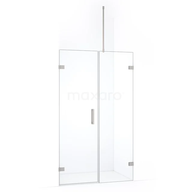 Glazen douchedeur met scharnieren en minimalistisch handvat, ideale toevoeging voor een moderne badkamer.