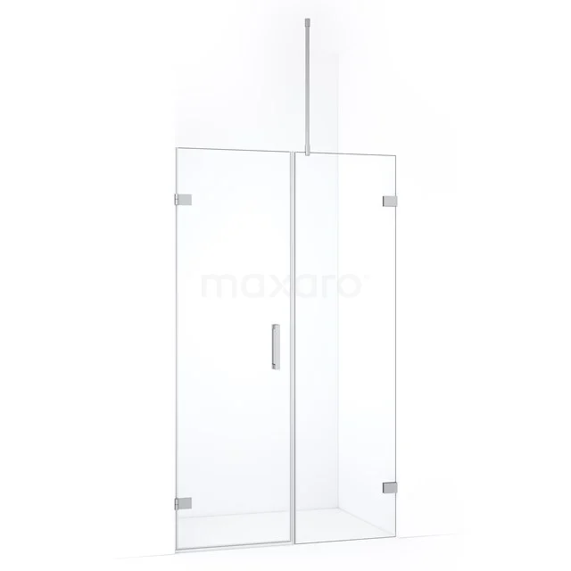 Glazen douchedeur met chromen scharnieren en handgreep, strak design, perfect voor een moderne badkamerstijl.