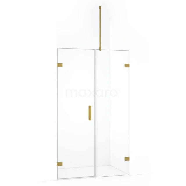 Glazen douchewand met goudkleurige scharnieren en handgreep, modern frame-loos ontwerp voor stijlvolle badkamers.