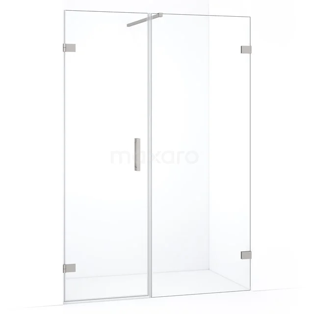 Glazen douchecabine met draaideur, hoekinstap, helder veiligheidsglas en roestvrijstalen scharnieren voor een moderne badkamer.