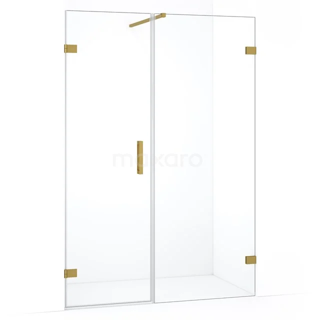 Luxe glazen douchewand met gouden details, hoekstijl, perfect voor een moderne badkamer.