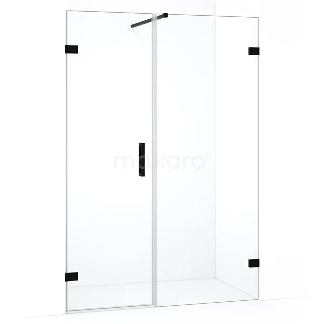 Douchecabine met zwarte accenten, glazen wanden en draaideur, perfect voor een moderne badkamerinrichting.