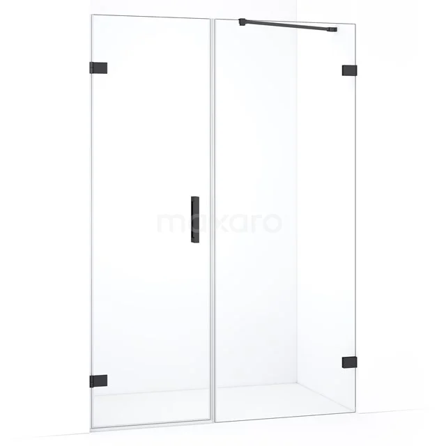 Douchecabine glashelder met matzwart frame en draaideur, minimalistisch ontwerp voor moderne badkamers.